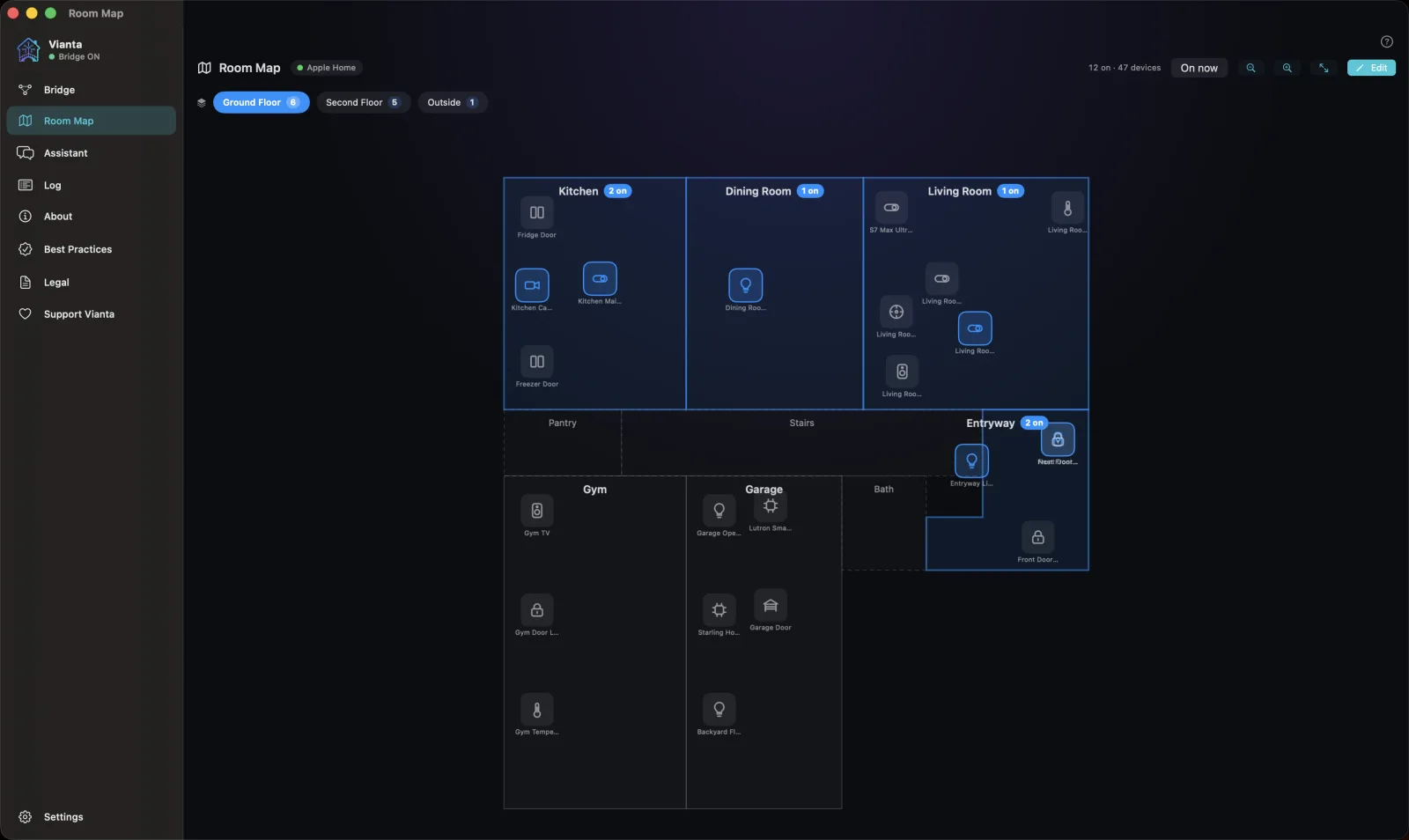 Vianta on macOS: the Room Map, your whole home as a live floor plan with every light, lock, and sensor